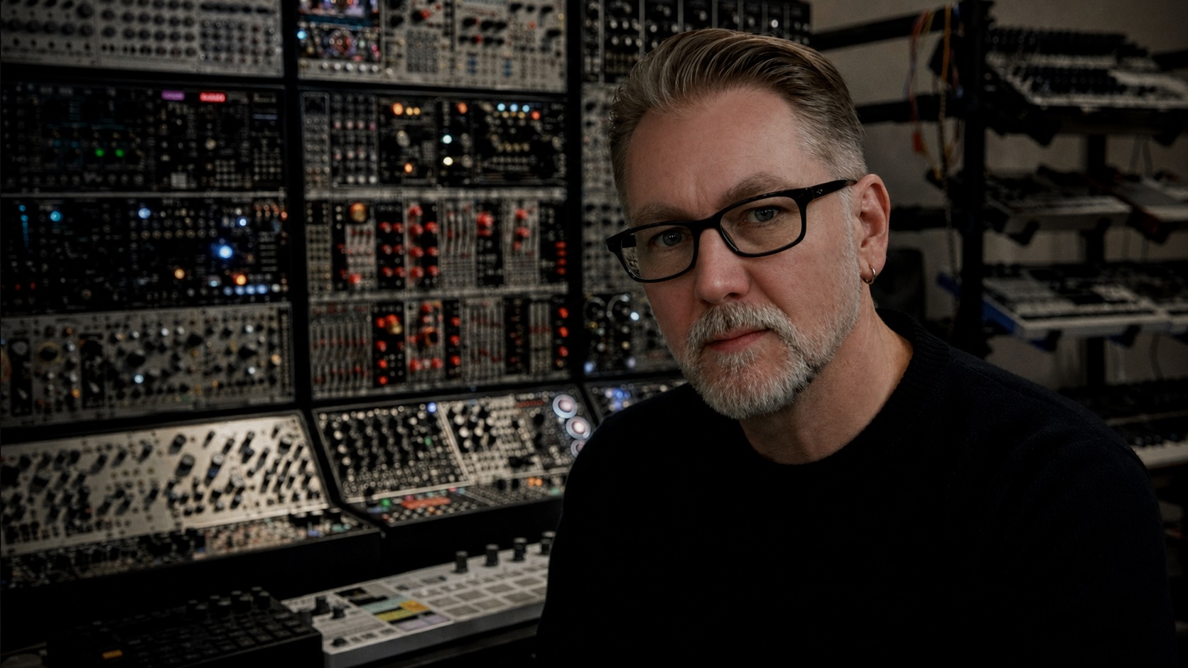 James Richmond at the modular synthesiser in Volt Per Octave studio, Oxfordshire